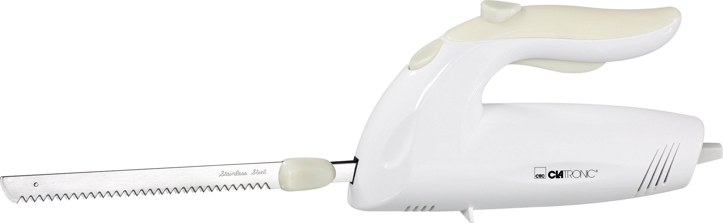 Couteau électrique blanc avec lame dentelée et poignée ergonomique, adapté pour couper la viande et le pain.