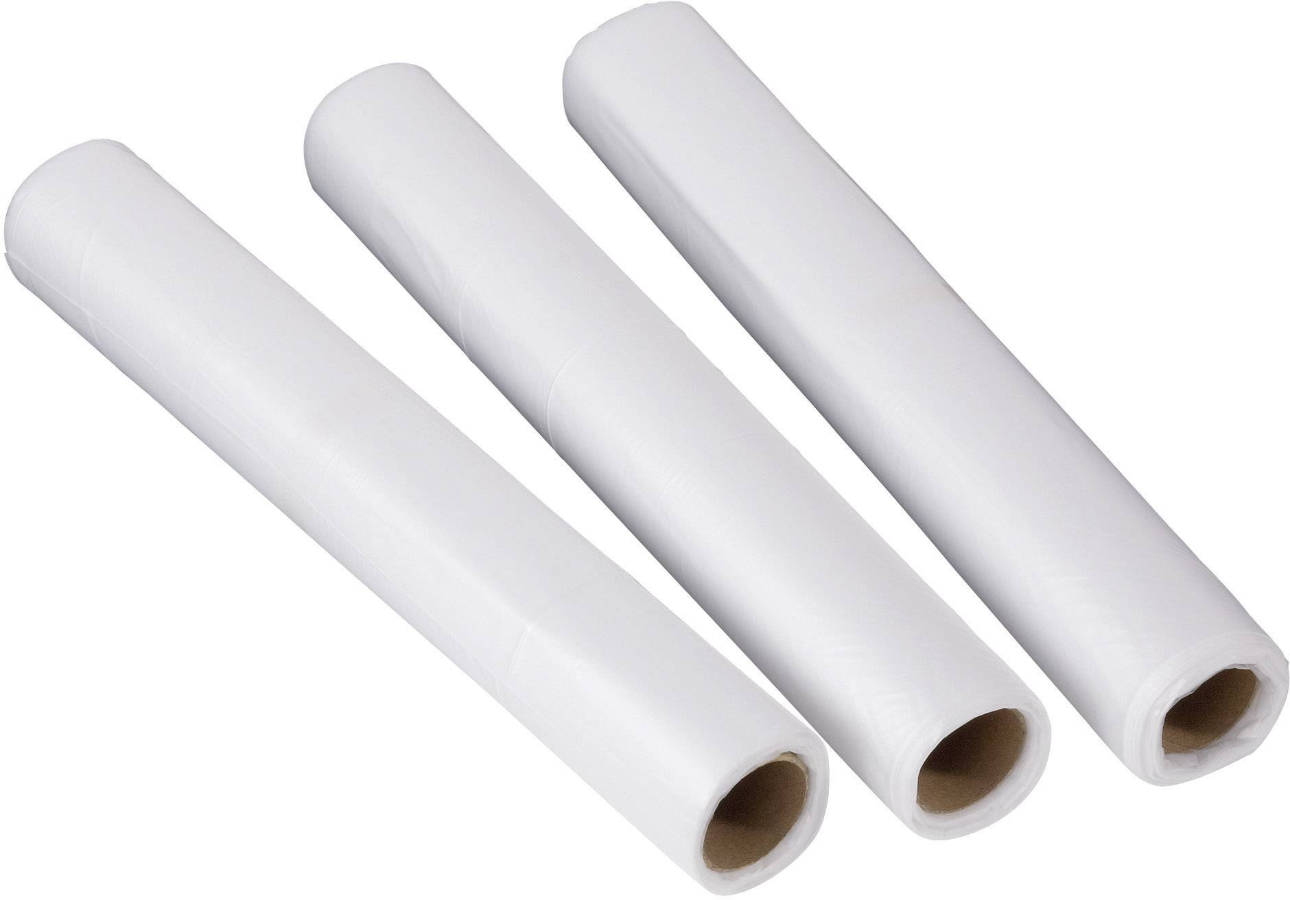 Trois rouleaux blancs en plastique sont disposés côte à côte sur un fond clair.