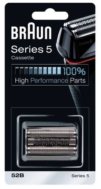 Cassette Braun Series 5, pièce de rechange pour rasoir, montre une pièce de rechange pour tête de rasoir dans un emballage noir portant l'inscription « Pièces Haute Performance ».
