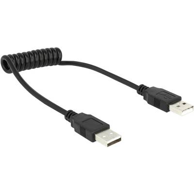 Câble USB noir avec un ressort en son milieu, muni de deux connecteurs USB à ses extrémités. Idéal pour des connexions flexibles.