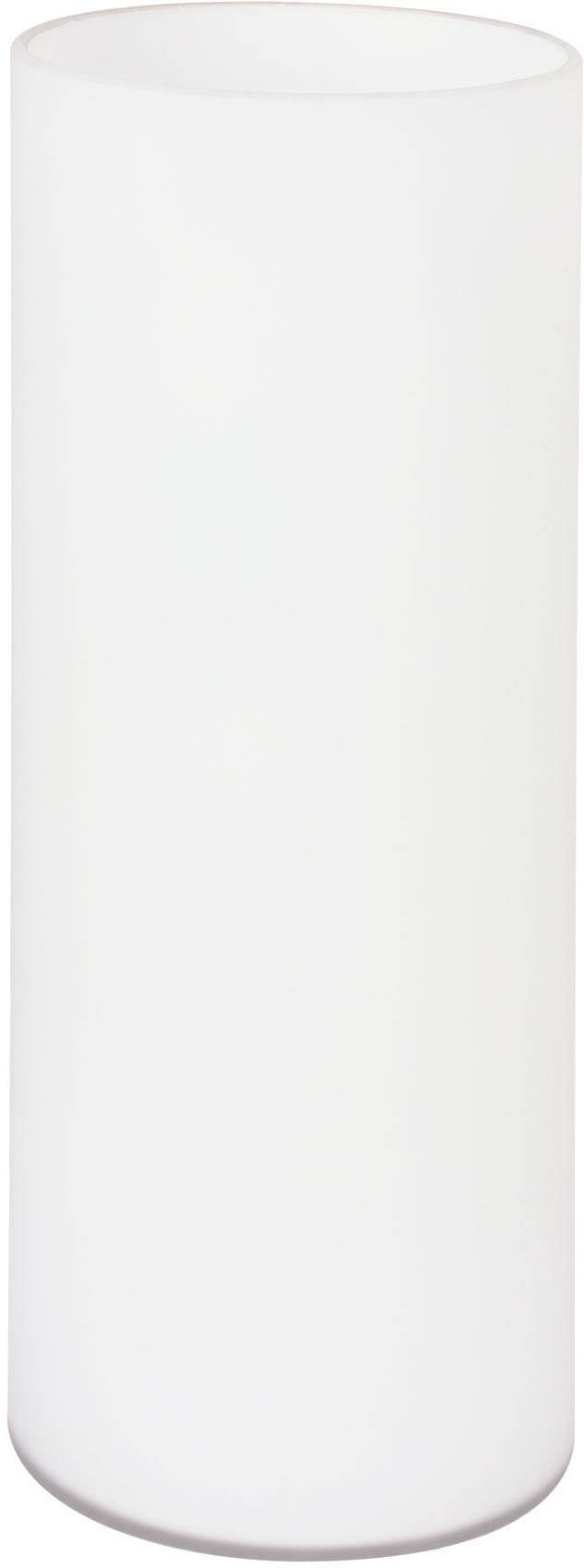 Un récipient cylindrique blanc en verre, probablement un vase ou un contenant. Il présente une surface lisse et aucune décoration.