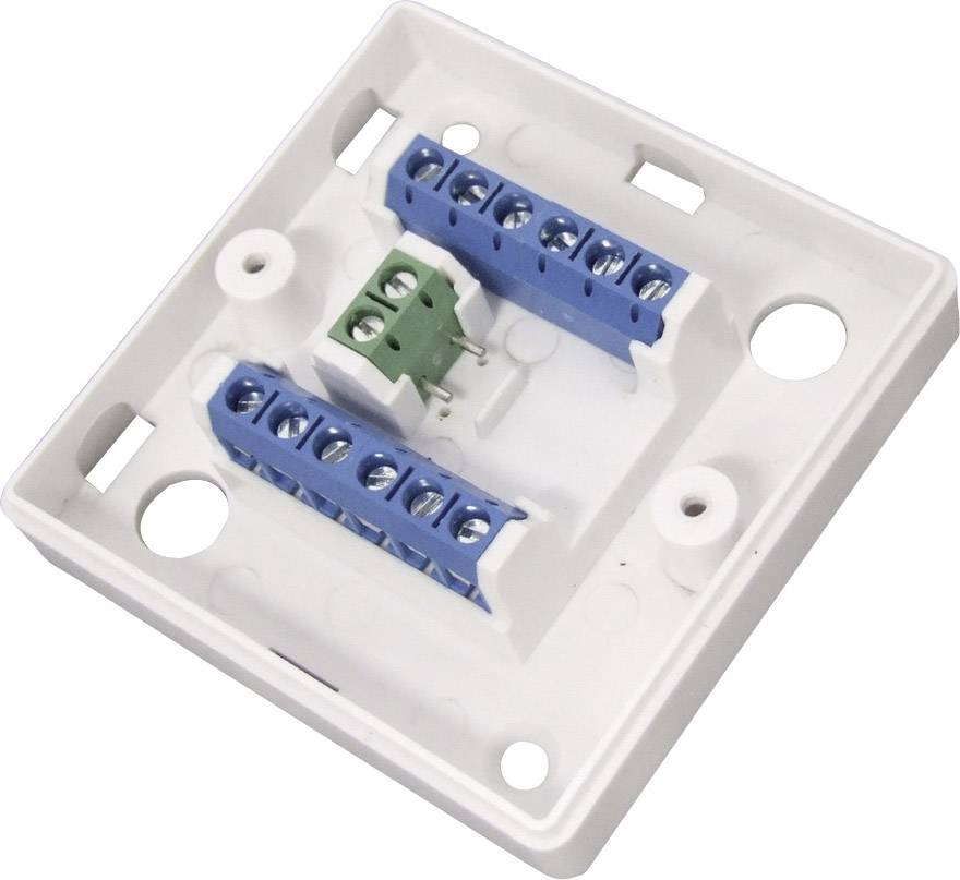 Boîte de dérivation murale blanche, carrée, avec plusieurs bornes de connexion bleues et vertes pour le câblage de composants électriques.