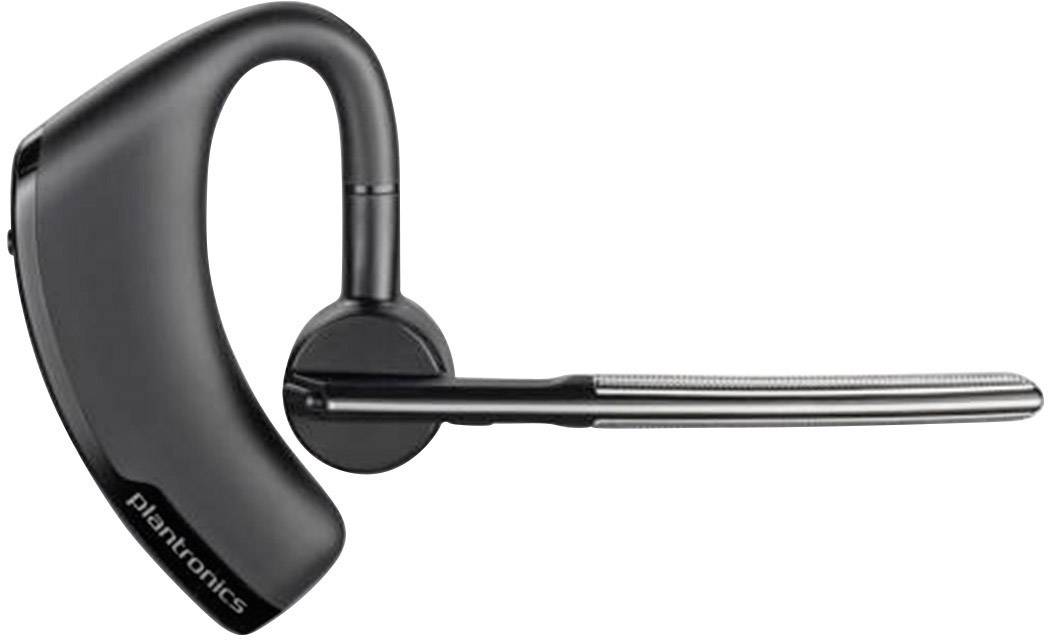 Casque Bluetooth sans fil noir de Plantronics avec arceau d'oreille et perche micro, adapté pour les appels mains libres mobiles.