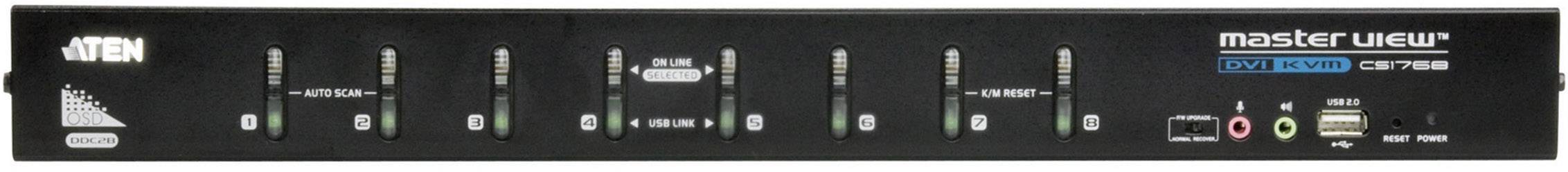 Commutateur KVM ATEN MasterView CS-1768, appareil noir à 8 ports, avec deux ports USB, des connexions audio et des voyants LED sur la façade.