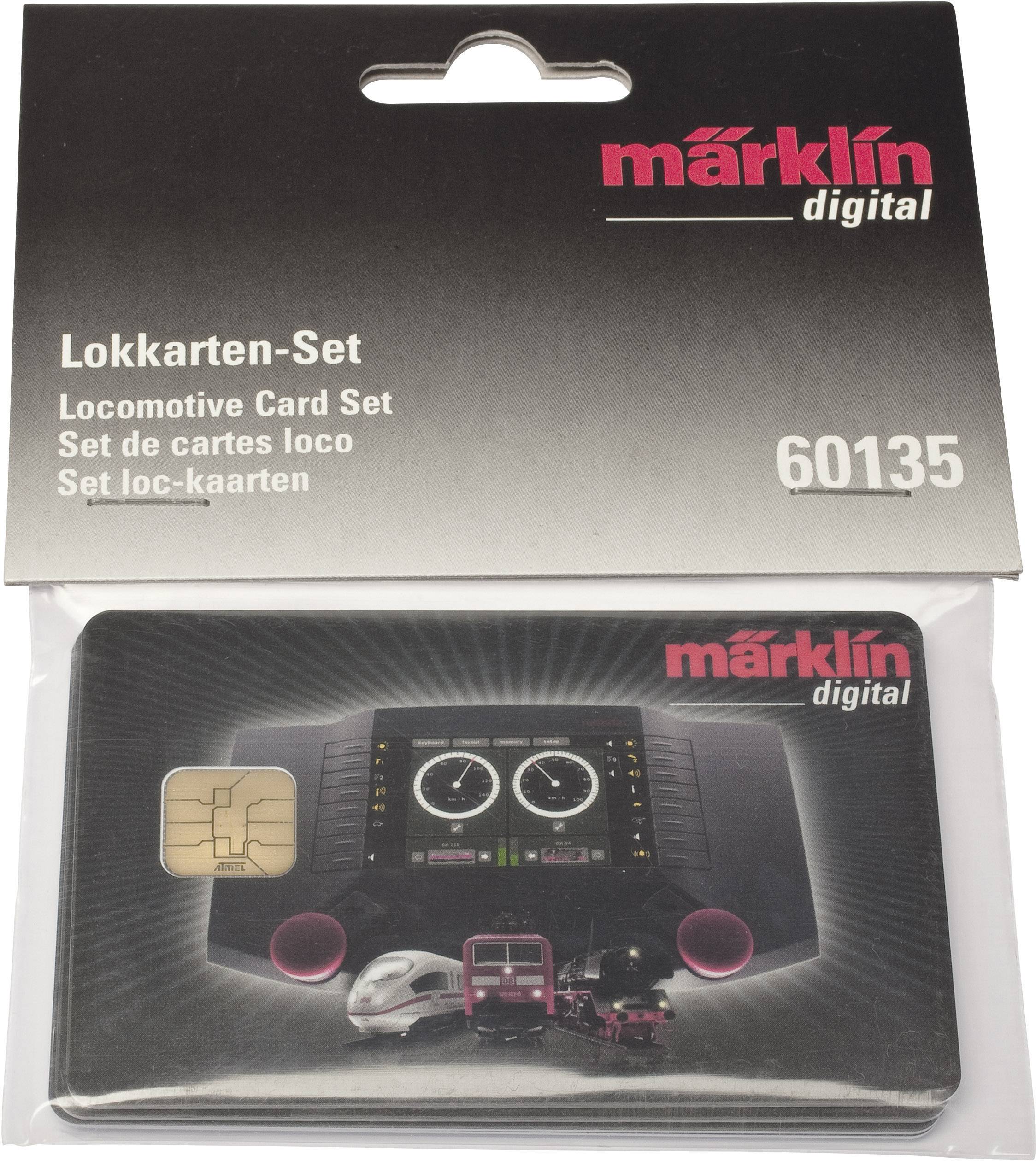 Coffret de cartes de contrôle pour train miniature avec illustrations de l'unité de commande et des trains. Emballage de la marque Märklin digital, numéro d'article 60135.