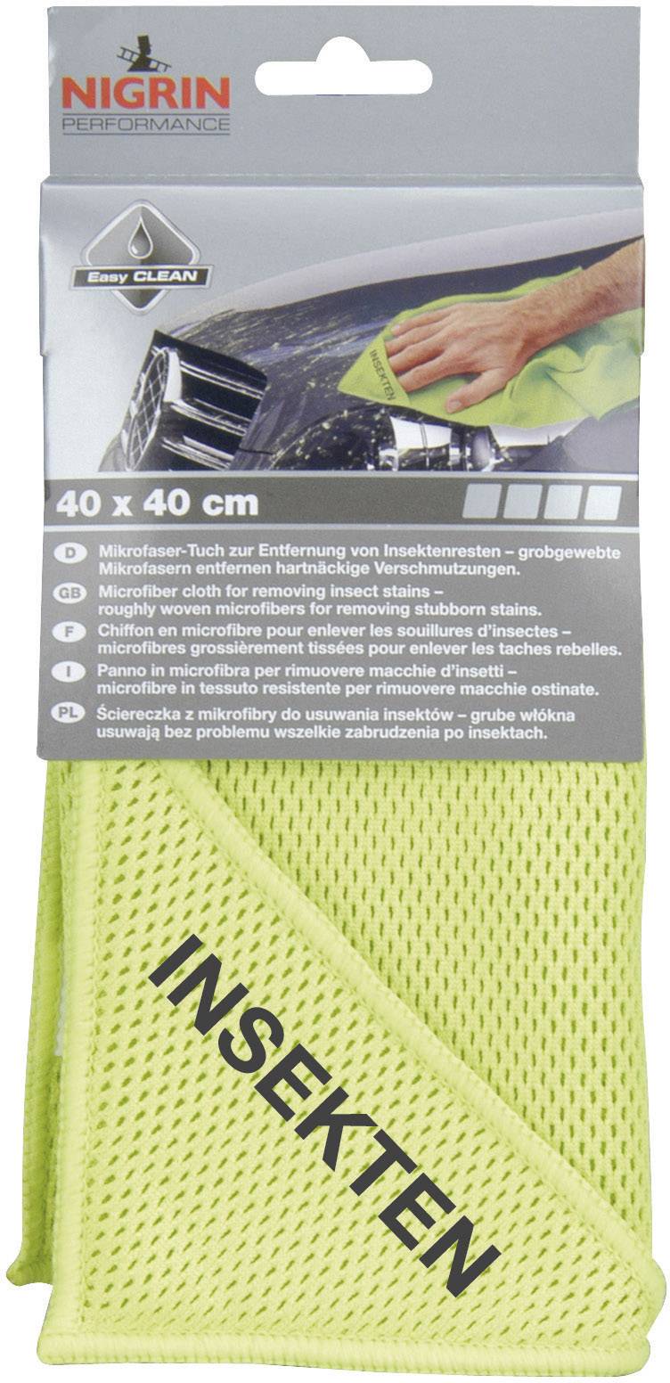 Chiffon en microfibre pour l'élimination des résidus d'insectes » montre un chiffon jaune sur une image de voiture. Nom de marque « Nigrin », taille 40x40 cm.
