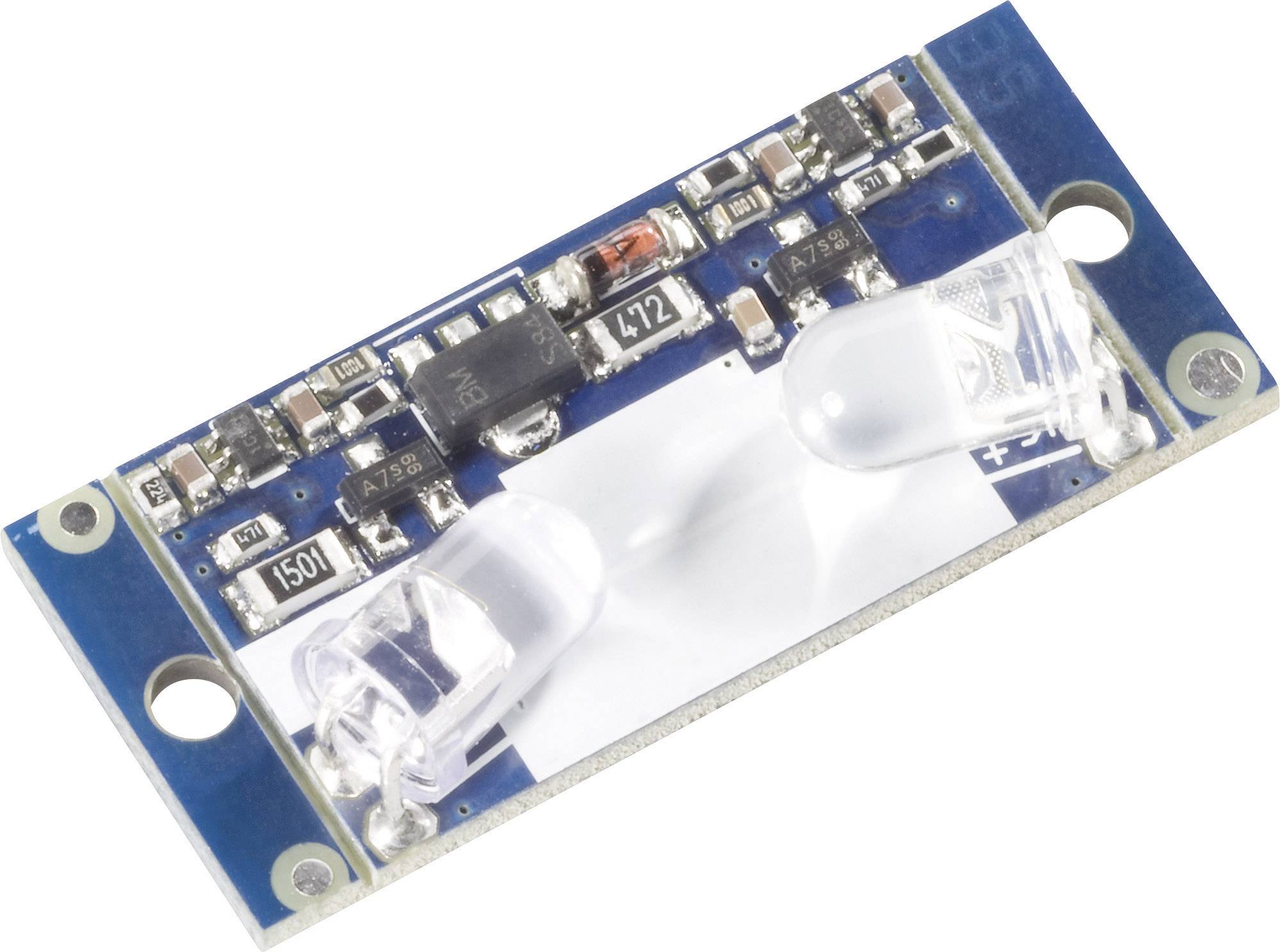 Un module électronique avec un circuit imprimé bleu, deux LED blanches et plusieurs petits composants pour des applications techniques.