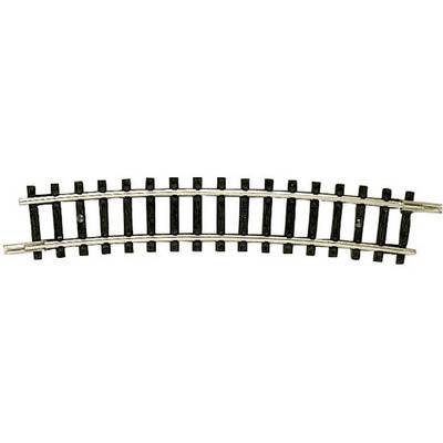Un morceau de voie de chemin de fer courbé pour maquette, avec des traverses et deux bandes métalliques servant de rails, destiné à la modélisation ferroviaire.
