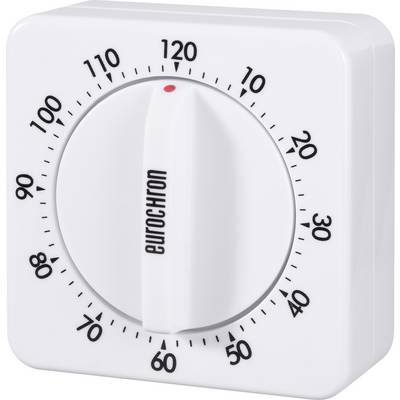 Un minuteur de cuisine mécanique blanc avec une échelle noire graduée de 0 à 120 minutes. L'aiguille est positionnée sur 10 minutes.