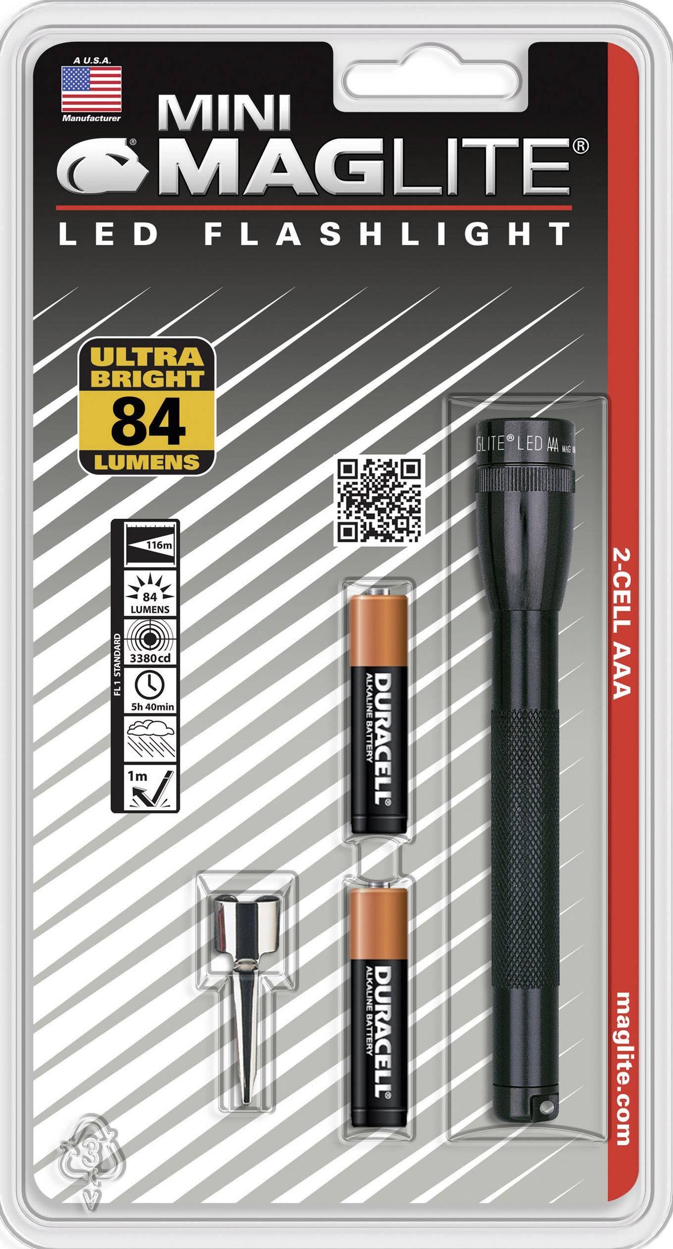 Emballage d'une lampe de poche LED Mini Maglite avec piles et pièces de rechange, 84 lumens, noir, contient 2 piles AAA.