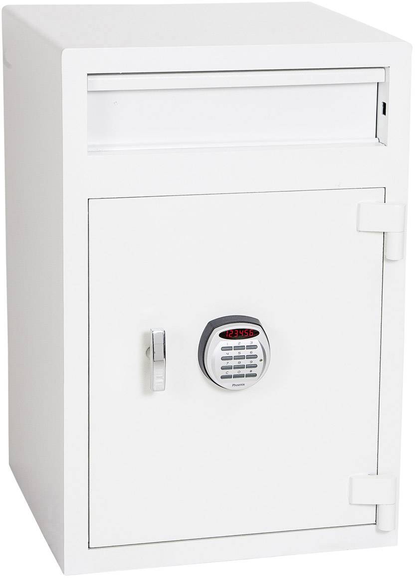 Un coffre-fort blanc avec une serrure électronique à code et une ouverture de dépôt en haut. Idéal pour la conservation sécurisée des objets de valeur.
