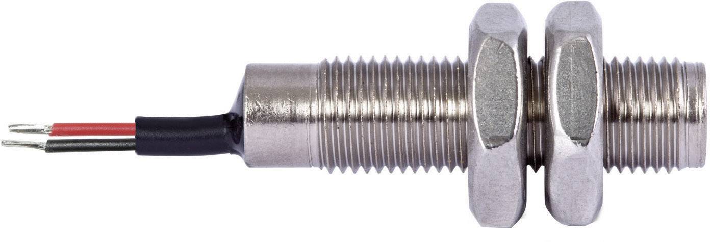 Capteur de proximité cylindrique métallique muni de deux écrous, avec un câble rouge et un câble noir à une extrémité.