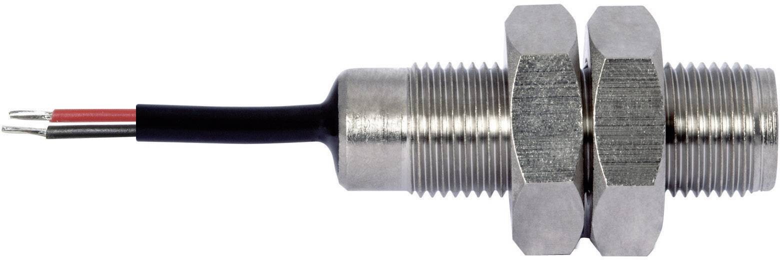Capteur métallique cylindrique muni de deux écrous et d'un raccordement de câble à l'extrémité, adapté aux applications industrielles.