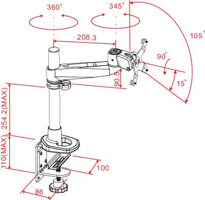 Dessin technique d'un bras de moniteur avec dimensions : angle de rotation de 360° et 345°, angle d'inclinaison de 80° à 15°, hauteur de 100-254 mm.