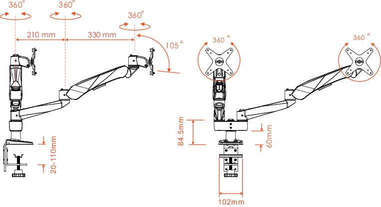 Illustration d'un bras de moniteur avec dimensions : longueur 210-330 mm, inclinaison 105°, rotation 360°. Hauteur : 20-400 mm. Adapté à différentes positions d'écran.