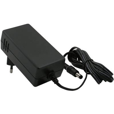 Adaptateur secteur noir avec fiche bipolaire et câble long enroulé, adapté aux appareils électroniques.