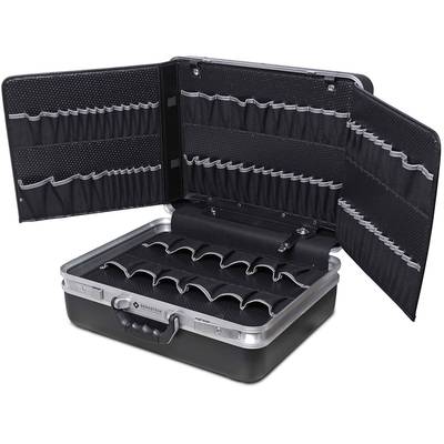 Une valise noire ouverte avec plusieurs rangées de supports élastiques dans le couvercle et un compartimentage dans la zone inférieure intérieure.