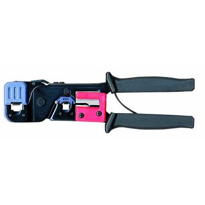 Pince multifonction pour l'installation de câbles réseau et téléphoniques, avec poignées noires et plusieurs embouts pour couper et sertir.