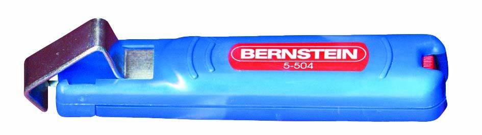 Un ébavureur en plastique bleu, maniable, avec une lame métallique pivotante, portant l'inscription 'BERNSTEIN 5-504' dans un champ rouge.