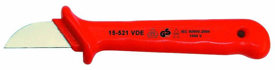 Un couteau à dénuder rouge avec manche isolé et inscription '15-521 VDE', adapté jusqu'à 1000 V, pour dénuder en toute sécurité.