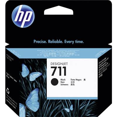 Cartouche d'encre noire HP DesignJet 711. L'emballage présente des papillons bleus sur un fond sombre avec le slogan 'Précis. Fiable. À chaque fois.'