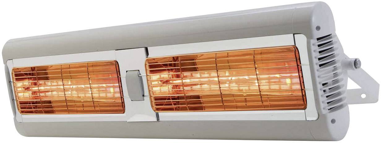 Un radiateur électrique infrarouge avec deux tubes de chauffe orange lumineux qui émettent de la chaleur.