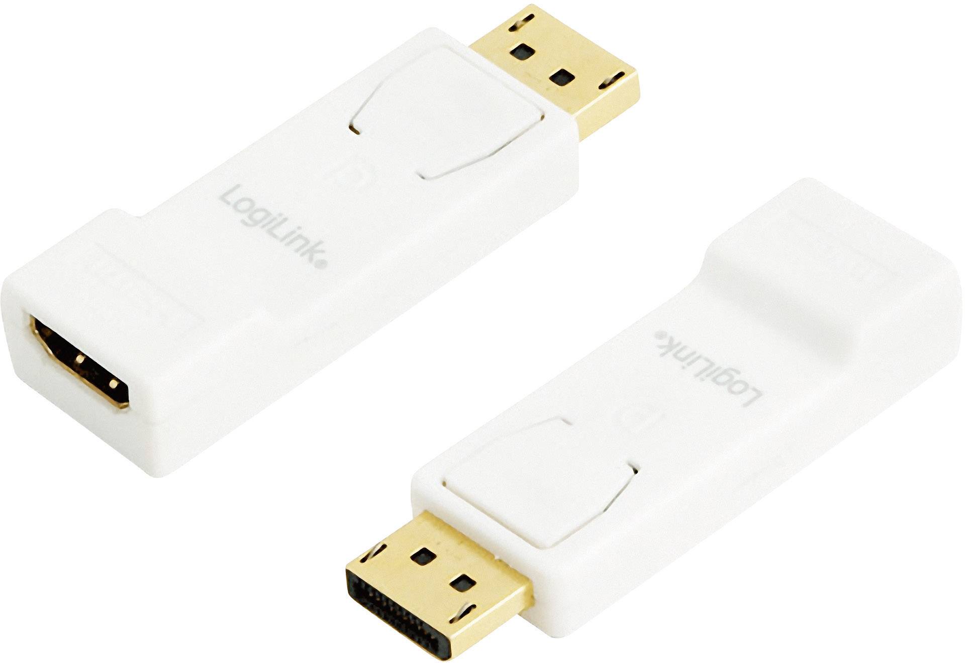 Deux adaptateurs HDMI blancs portant l'inscription 'LogiLink', permettant de convertir un signal HDMI en DisplayPort.