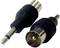 Deux adaptateurs de câbles audio sur fond blanc. À gauche, un adaptateur jack 3,5 mm vers prise RCA, à droite un adaptateur fiche RCA vers prise 3,5 mm.