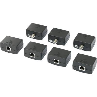 Six adaptateurs réseau noirs avec des connexions Ethernet et coaxiales, disposés en deux rangées. Ils sont identiques et servent à connecter des signaux de réseau.