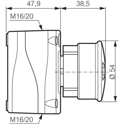 Dessin technique d'un composant cylindrique avec dimensions : largeur 47,9 mm, profondeur 38,5 mm, diamètre 54 mm ; deux raccords M16/20.