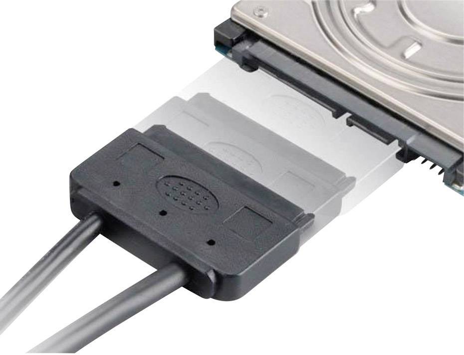 Un adaptateur de disque dur connecté à un lecteur interne. Deux câbles sortent de l'adaptateur.