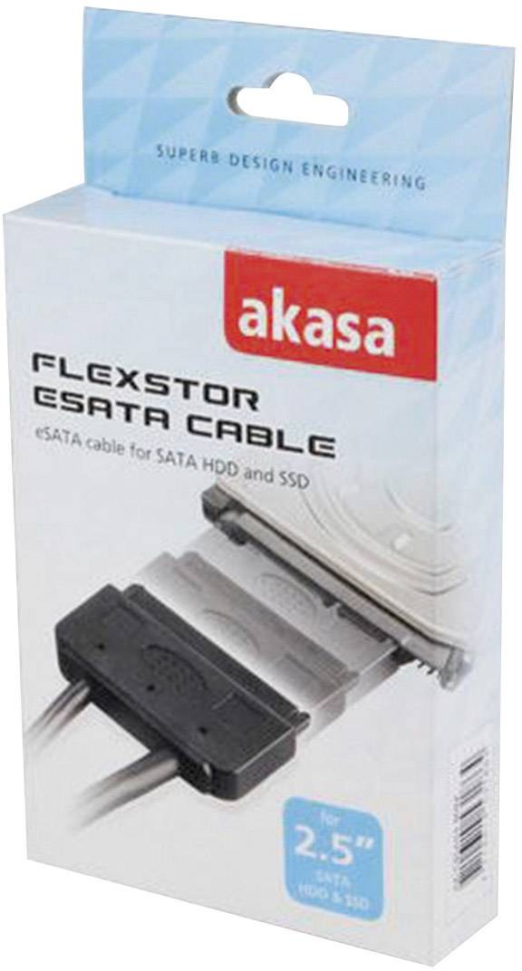 Un emballage pour un câble Akasa Flexstor eSATA, adapté aux disques durs SATA et SSD, met en avant le design et la fonctionnalité.