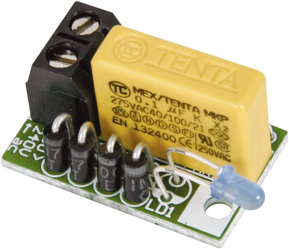 Circuit électronique avec un relais jaune, une LED bleue et des bornes de connexion noires. Utilisé dans les circuits électriques.