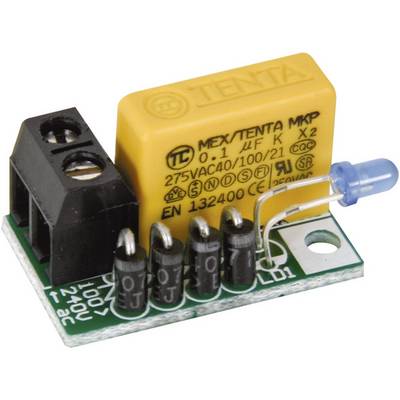 Module électronique avec un condensateur jaune, une LED bleue et plusieurs broches de connexion noires sur un circuit imprimé vert.