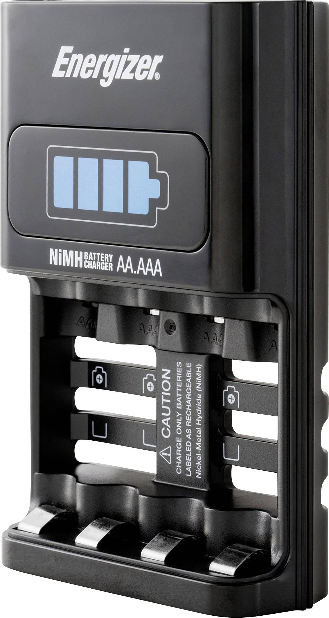 Chargeur de batteries NiMH Energizer noir pour piles AA et AAA. Dispose d'un indicateur LED montrant l'état de charge des batteries insérées.