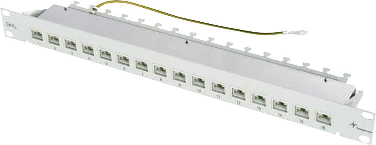 Un panneau de brassage gris avec 16 ports numérotés pour les connexions réseau.