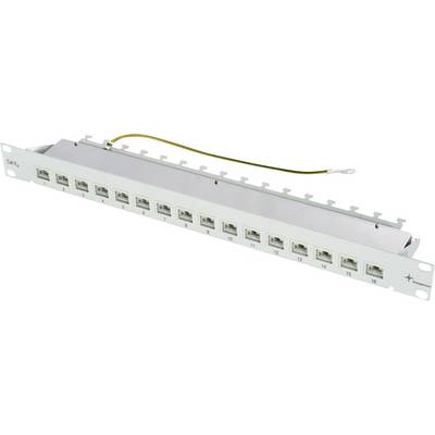 Un panneau de brassage gris avec 16 ports numérotés pour les connexions réseau.