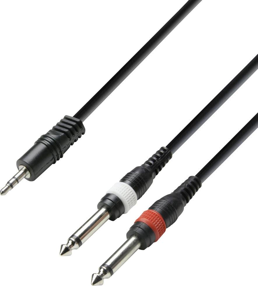 Câble audio noir avec une fiche jack stéréo de 3,5 mm vers deux fiches jack mono de 6,35 mm en blanc et rouge pour les connexions audio.