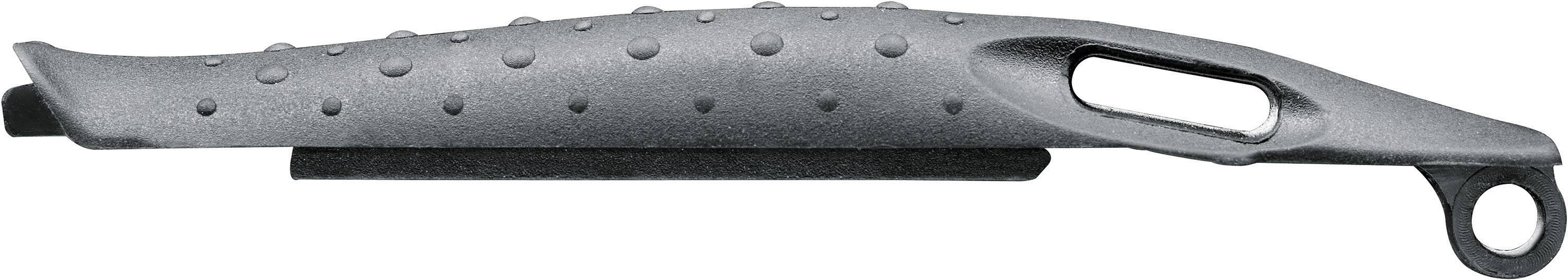 Levier de démonte-pneu long, gris, avec une structure antidérapante sur la poignée et une œillete à l'extrémité, adapté pour soulever les pneus de vélo.