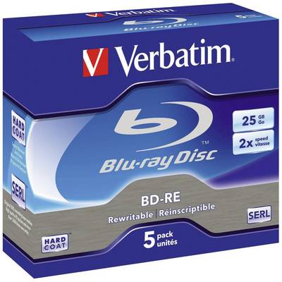 Verbatim BD-RE 25 Go Blu-ray Disc, réinscriptible, vitesse 2x, lot de 5. Emballage portant le logo Blu-ray Disc.