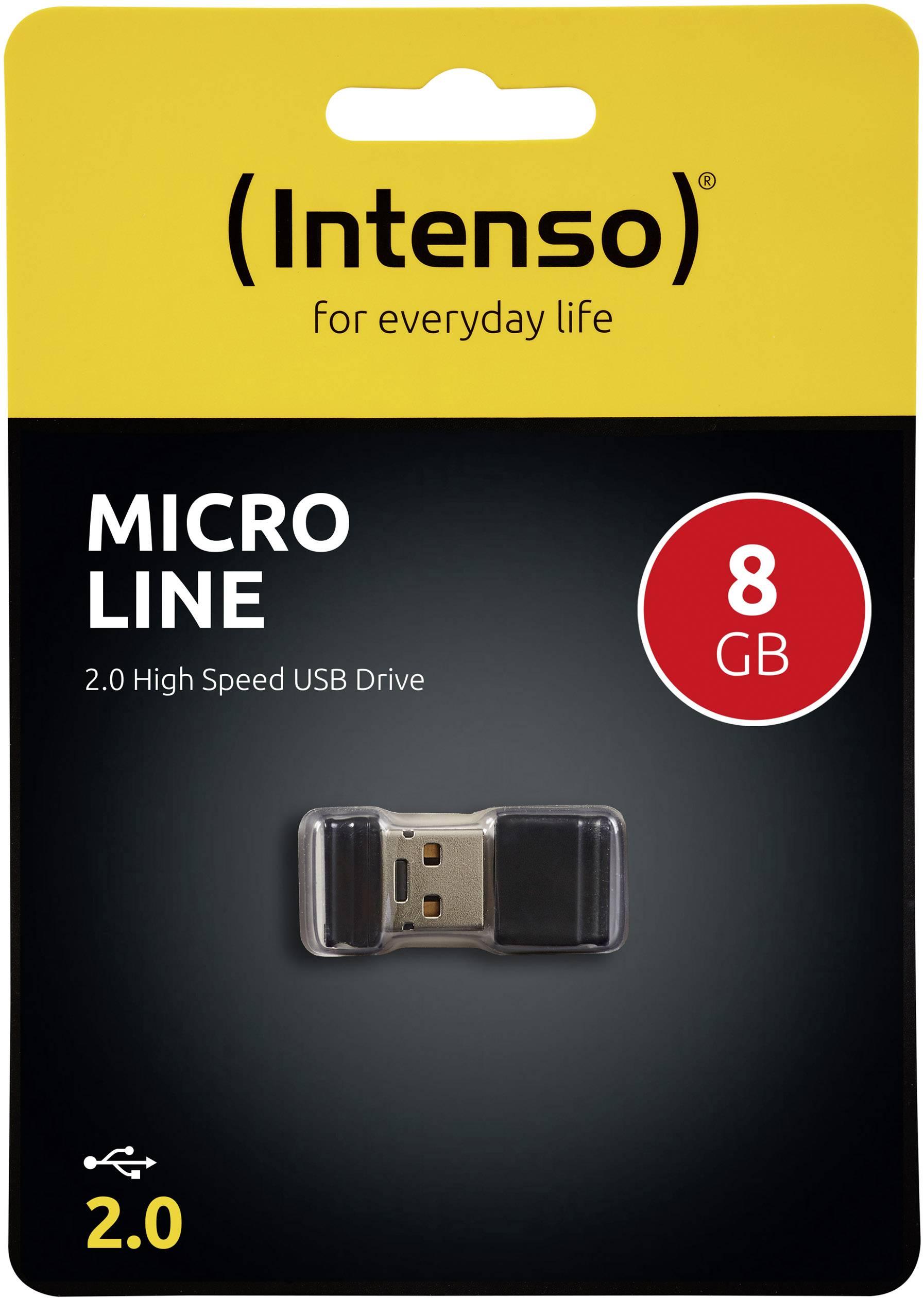 Emballage de clé USB portant l'inscription 'Intenso Micro Line, 8 Go, Clé USB 2.0 Haute Vitesse', emballage noir avec en-tête jaune.