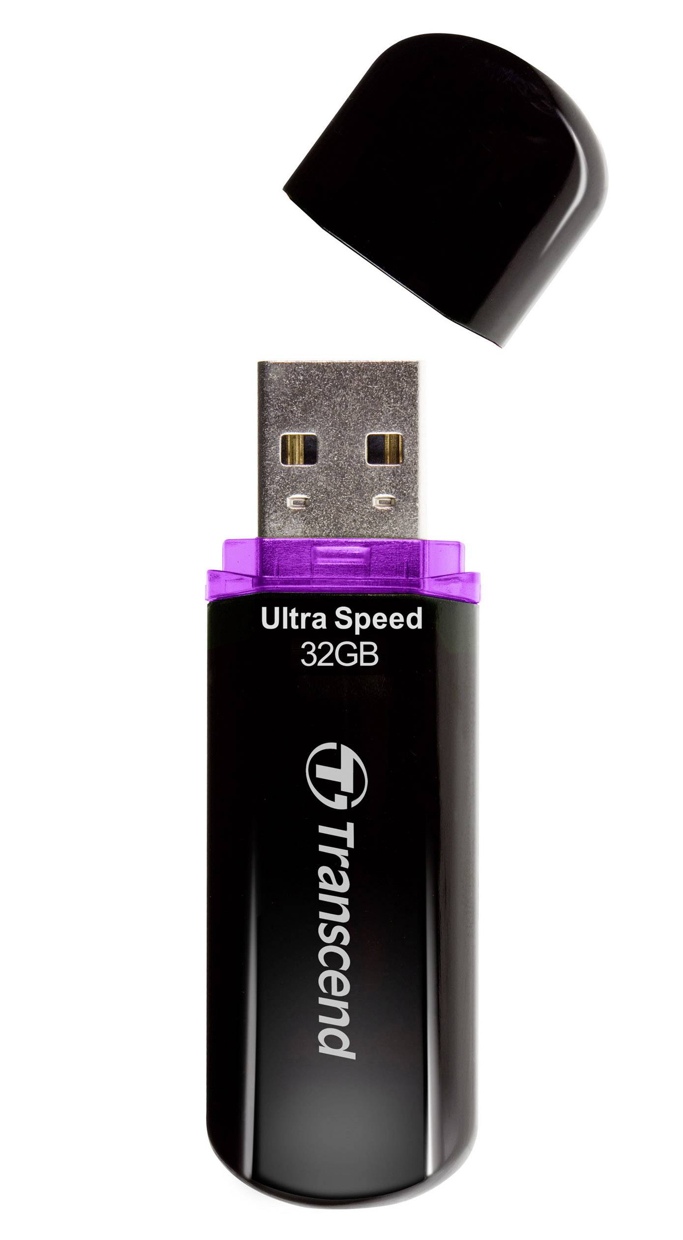 Une clé USB noire avec son capuchon retiré, portant l'inscription 'Ultra Speed 32Go Transcend' en couleur d'accent violette.