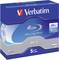 Disques Blu-ray vierges Verbatim BD-R, 25 Go, vitesse 6x, pack de 5, revêtement dur, stockés dans un boîtier bleu.