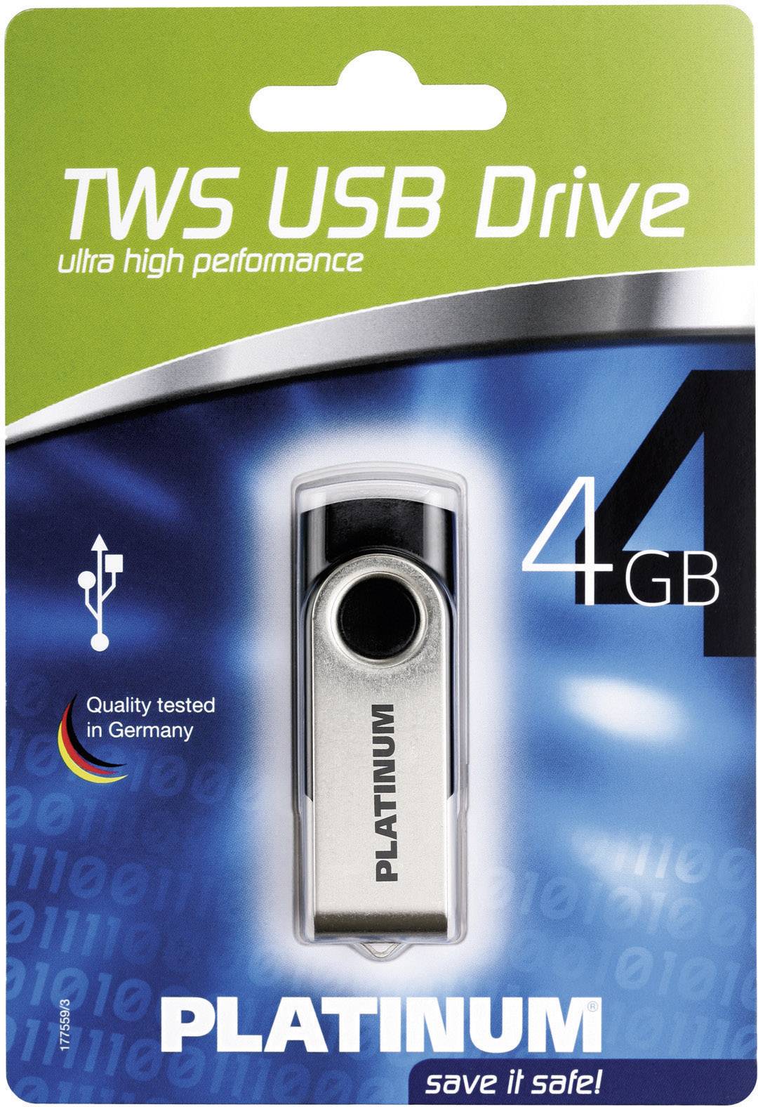 Emballage de clé USB portant l'inscription 'TWS USB Drive', capacité 4 Go. 'Qualité testée en Allemagne'. Marque 'Platinum'.