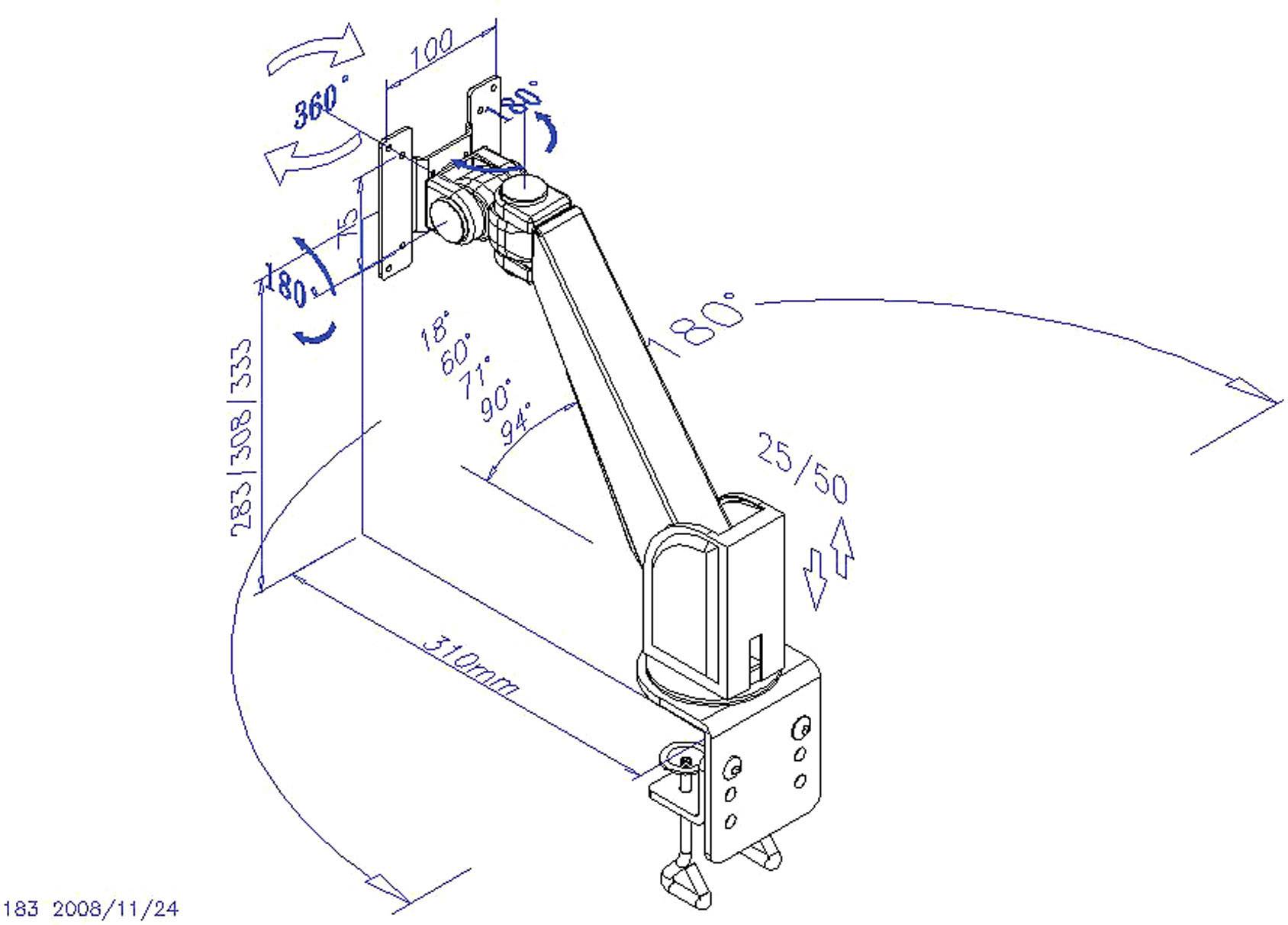 Dessin technique d'un bras articulé avec dimensions et angles. Présente les plages de rotation et d'inclinaison ainsi que les points de fixation.