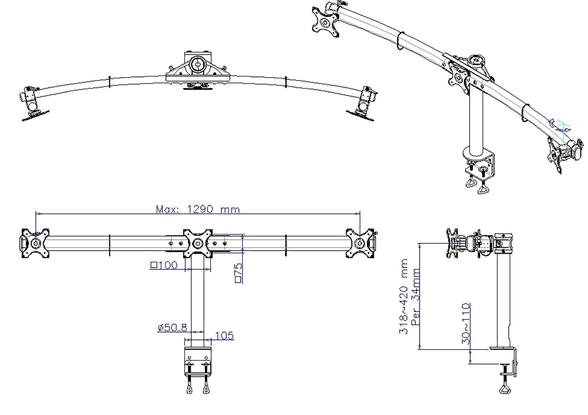 Un diagramme technique d'un bras de moniteur présente plusieurs vues avec différentes dimensions : largeur maximale de 1290 mm, hauteur de 318-420 mm.