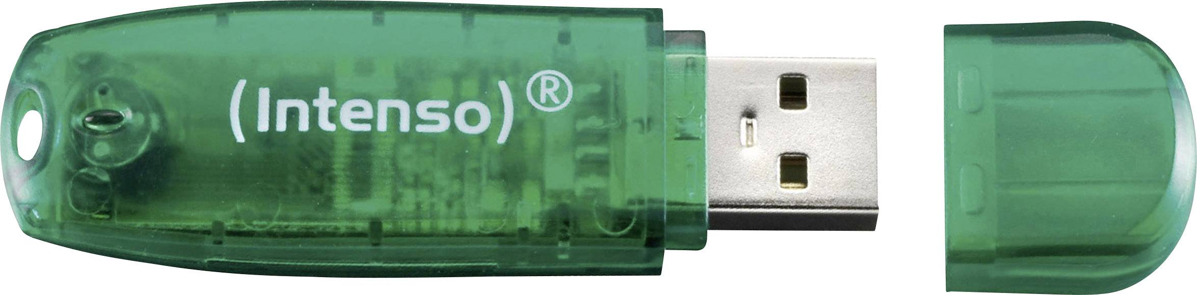 Clé USB verte de la marque 'Intenso' avec son capuchon retiré, montrant le connecteur USB et son couvercle transparent.