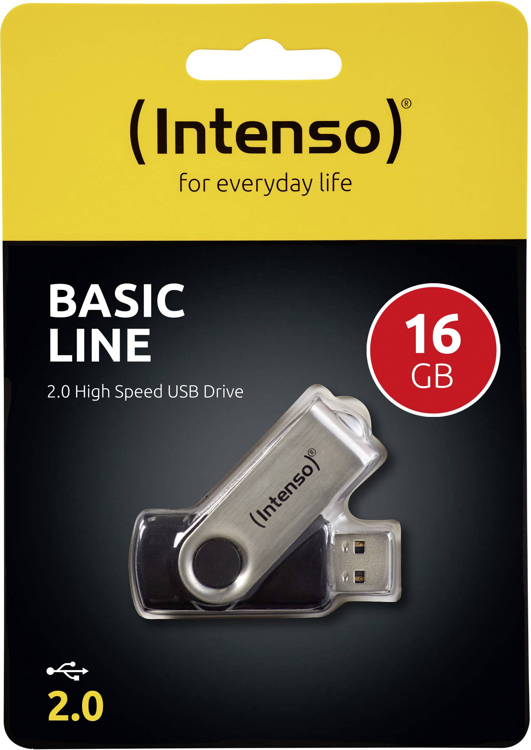 Clé USB 'Intenso BASIC LINE', 16 Go, 2.0 Haute Vitesse, emballée sur un fond jaune.