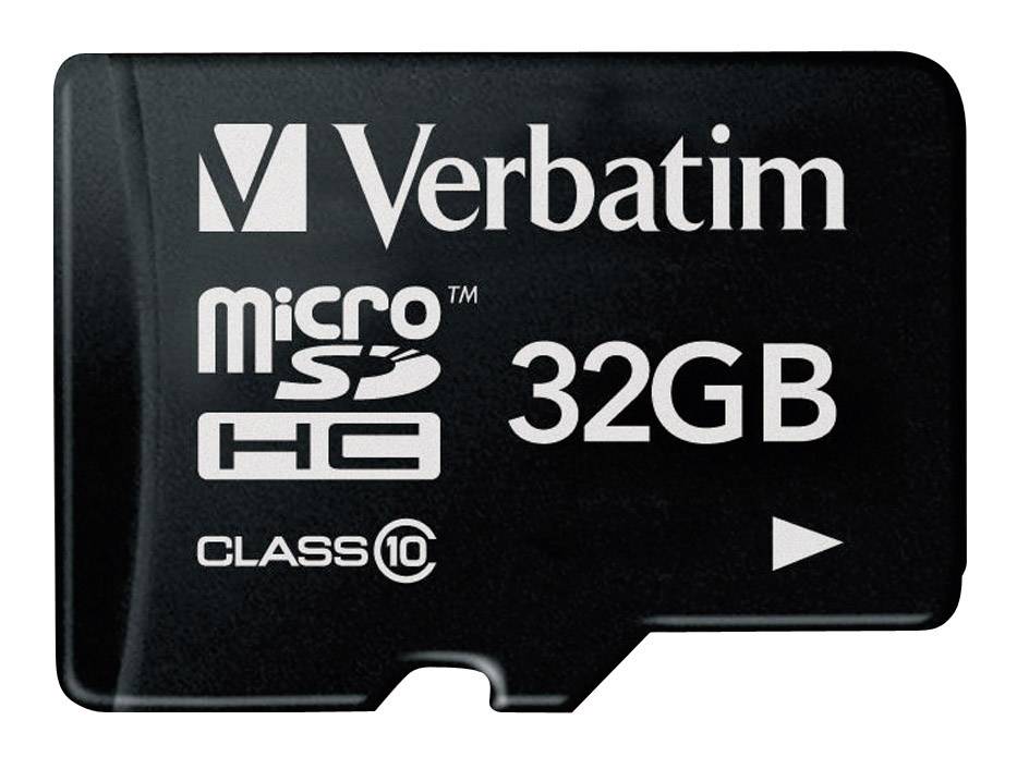 Une carte MicroSD noire de Verbatim d'une capacité de 32 Go, portant la mention 'Class 10' et 'HC' pour une vitesse élevée.