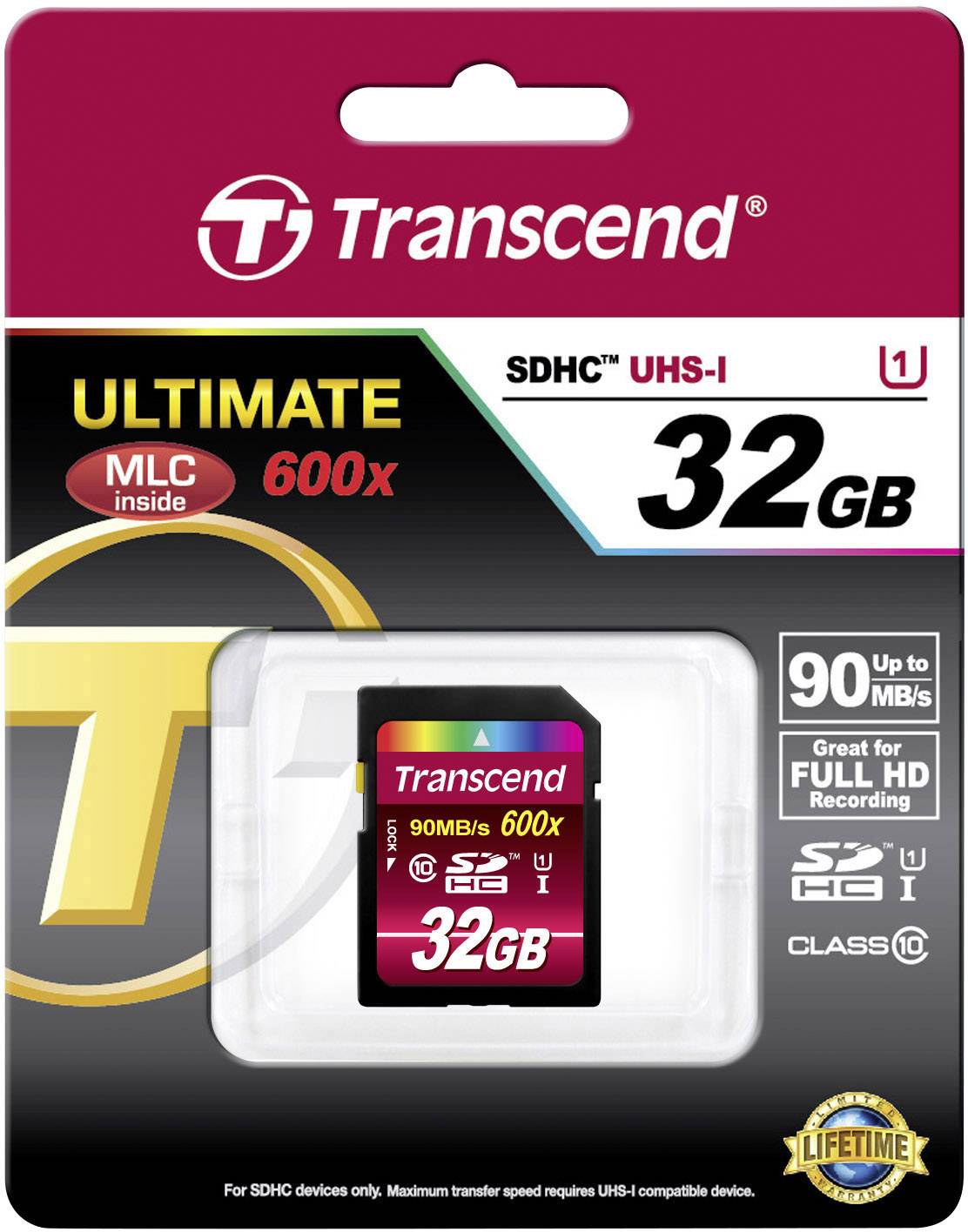 Emballage d'une carte mémoire Transcend SDHC UHS-I de 32 Go. Vitesse allant jusqu'à 90 Mo/s, adaptée pour la vidéo Full HD.